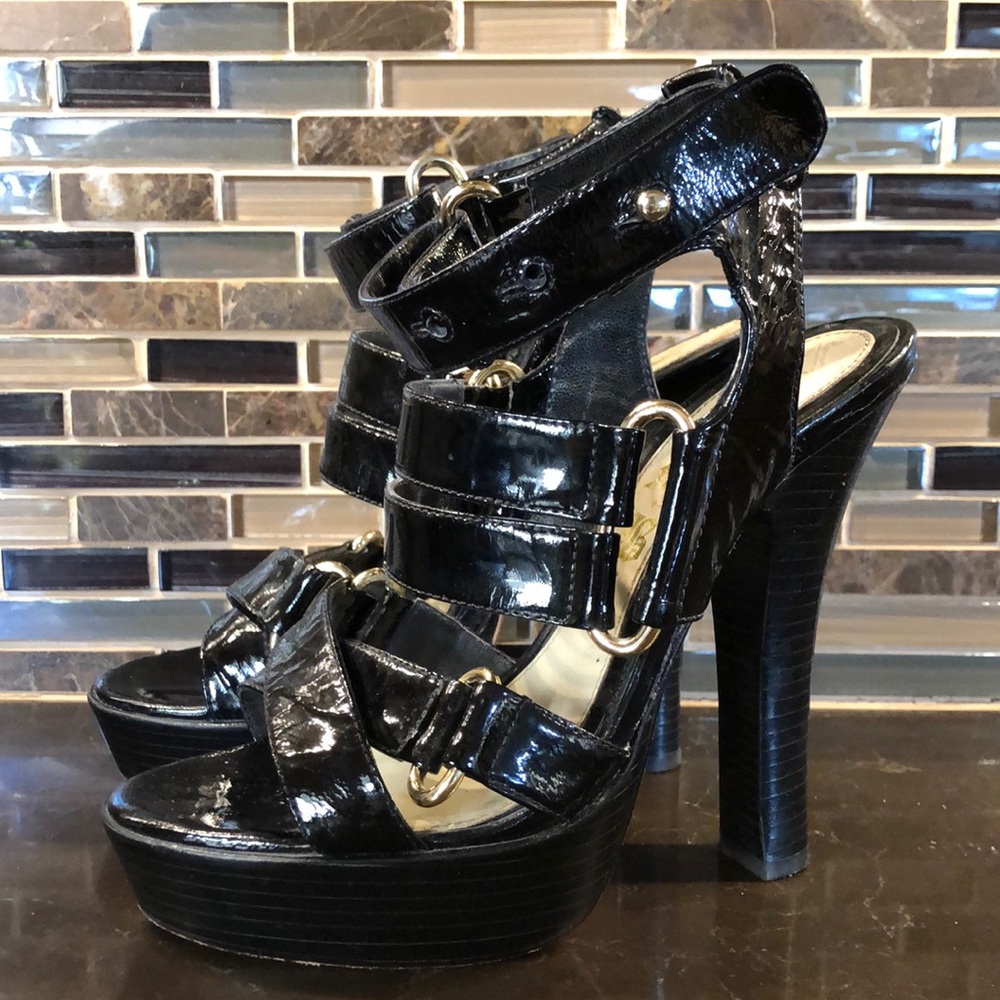 LAMB strappy patent platform heels